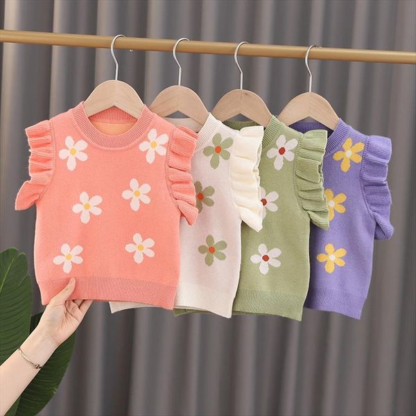 

toddler girls knit vest flower pattern waistcoats sleeveless sweater for girl autumn infant knitwear qz134, Blue