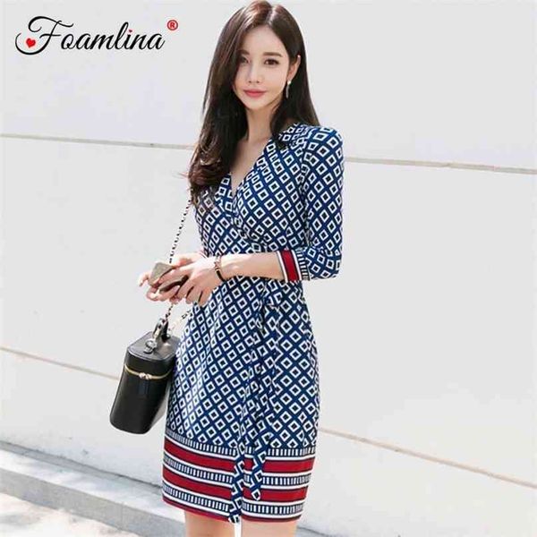 

casual women dress elegant geometric print wrap spring v neck 3/4 sleeve sashes knee length female short es 210603, Black;gray