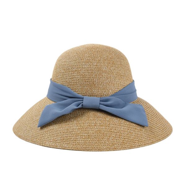 

summer hats for women straw hat yellow bowknot sun bucket hat foldable beach holiday travel ladies sunshade cap 56-58cm, Blue;gray