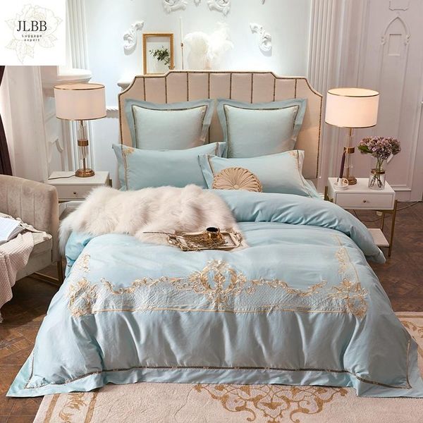 

bedding sets luxury chic embroidery 60s satin egyptian cotton soft set blue gray duvet cover bed linen sheet pillowcases 4/6pcs