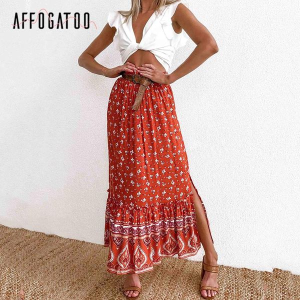 

skirts affogatoo casual holiday beach bohemian floral print summer long skirt women ruffle split a-line female ladies, Black