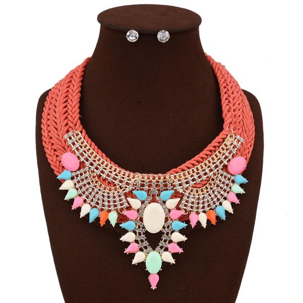 

earrings & necklace fashion ethnic style hand-woven necklaces and cord braid chork collar short costume jewelry set, Silver