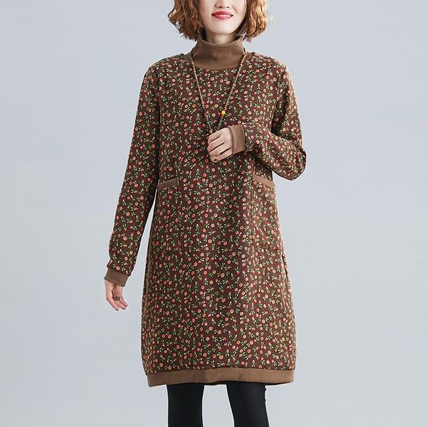 

casual dresses winter high-neck dress 2021 korean ethnic style literary retro fashion print plus velvet thick, Black;gray