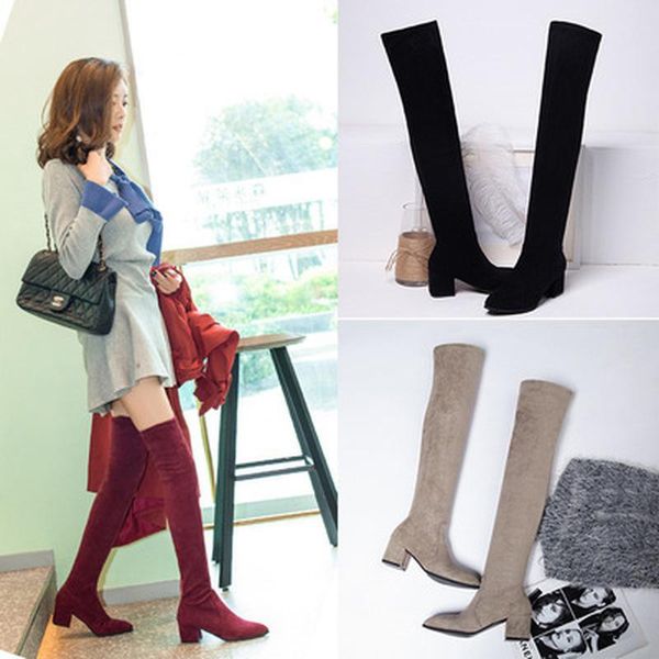 

boots 2021 thigh high platform winter women shoes stretch over the knee heels suede red grey long, Black