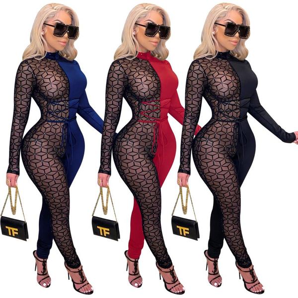 

women's jumpsuits & rompers diamonds mesh see though patchwork jumpsuit long sleeve lace up waist club party one piece overall bodycon, Black;white