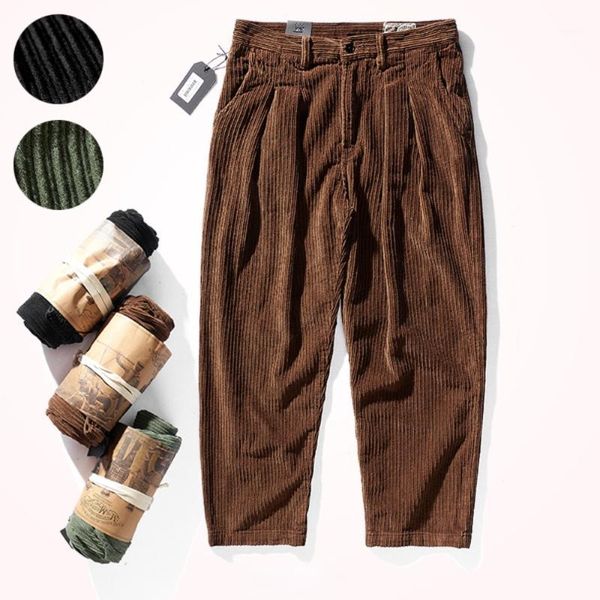

men's pants loose straight corduroy casual men 's autumn and winter texture thick distressed wide-legged, Black