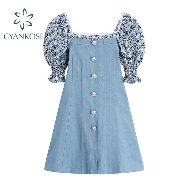 

floral print denim dress women summer fashion patchwork single breasted mini dresses elegant puff short collar clothing 210515, Black;gray