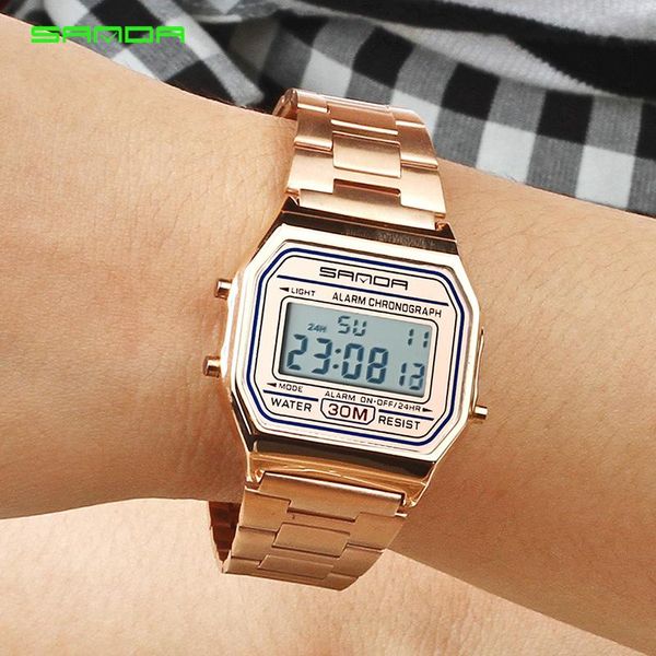 Orologi da polso SANDA Orologi sportivi in oro rosa da donna Orologio digitale elettronico di lusso a LED dorato Orologio da donna impermeabile da donna