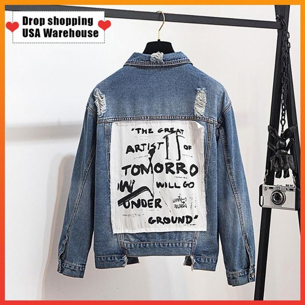 

women's jackets oushang vintage fabric patchwork denim jacket women cowboy jeans 2021 autumn frayed ripped hole jean basic coat, Black;brown