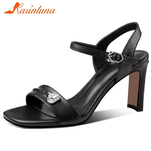 

genuine leather solid female square toe sandals open chain buckle strap women high heels shoes, Black