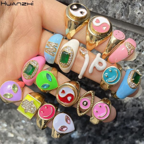 

cluster rings huanzhi 2021 ins trendy simple rhinestone letter colorful glaze enamel for women girls party summer jewelry, Golden;silver