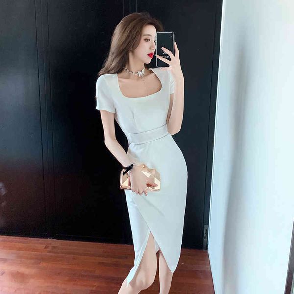 

women clothing vintage dress irregular cross split high waist white short sleeve maxi see 322c 210420, Black;gray