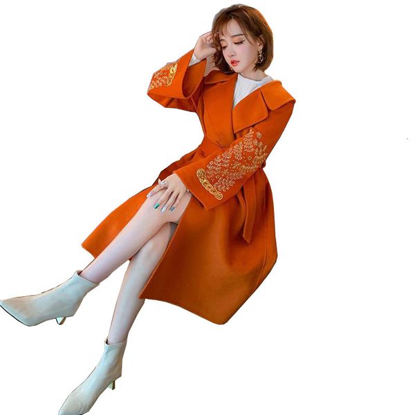 

women's wool & blends women suit collar en coat female autumn winter flared sleeves jacket lady beaded sequins overcoat slim belt jacke, Black