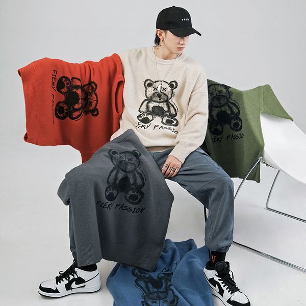 

men's sweaters fashion hip hop oversize autumn pullovers harajuku knit cartoon bear sweater men pull homme us71, White;black