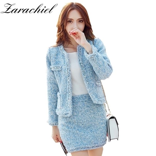 

zarachiel sky blue suits for women pearls tweed short jacket wool coat+bodycon pencil skirt suit winter girl 2 piece outfit 210407, White