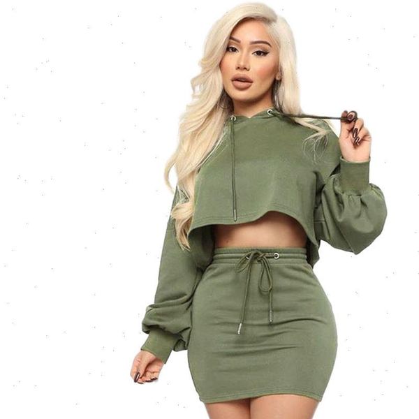 

womens tracksuits spring autumn two piece skirt set hooded long sleeve crop and mini casual club 2 outfits, Gray