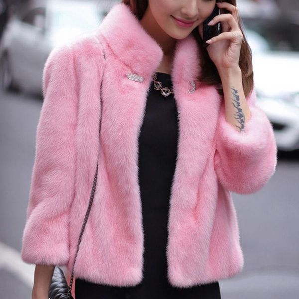 

women's fur & faux women 2021 autumn winter imitation mink velvet overcoat female thick warm outerwear stand collar coat coats c383, Black