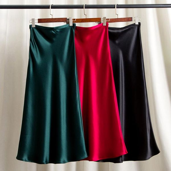 

skirts harleyfashion women summer elegant luxury quality acetate a-line skirt solid color black/green/red elastic waist smooth