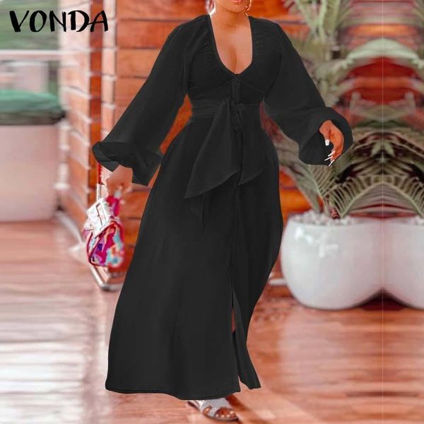 

casual dresses autumn dress women long robe 2021 vonda ladies puff sleeve v neck zipper party bohemian vestidos oversized maxi, Black;gray