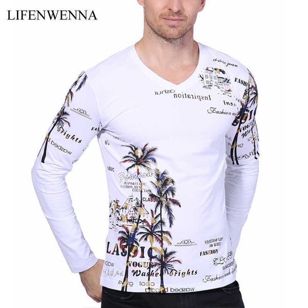 

fashion brand men t shirts coconut island print v neck long sleeve slim fit t shirt men casual tee shirts 210528, White;black
