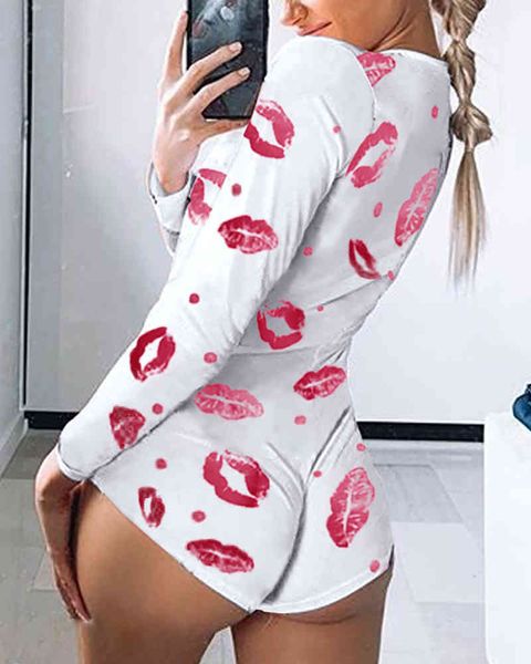 

women summer print short jumpsuit female low cut long sleeve print lounge romper nightwear homewear playsuit pajamas sets 210415, Black;white