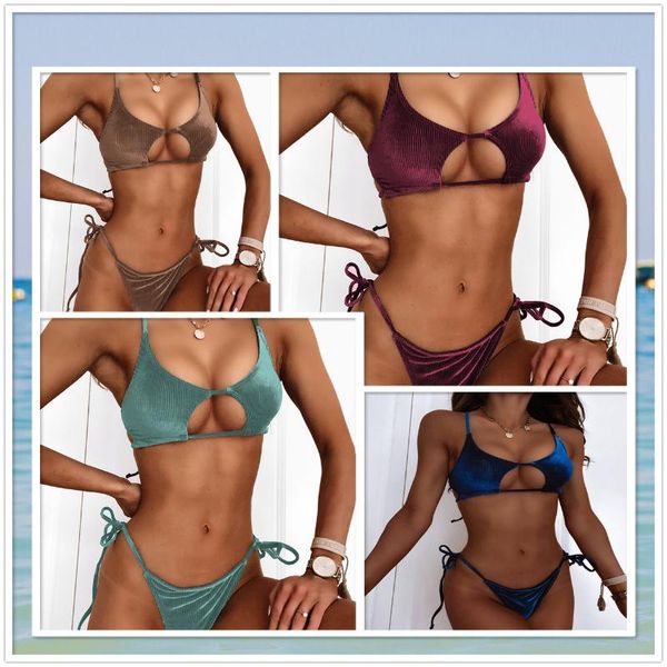 

women's swimwear two-piece swimsuit solid color bandage halter bikinis sets fashion hollow out underwear beach wear with push up bra, White;black
