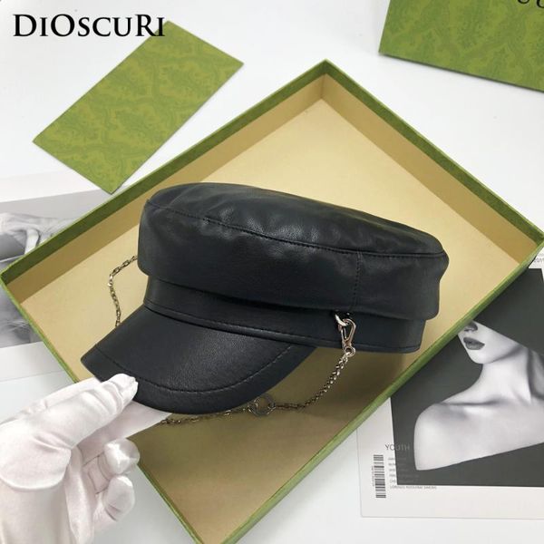 

stingy brim hats pu leather french women military hat fashion chain black street elegant light luxury ladies navy, Blue;gray