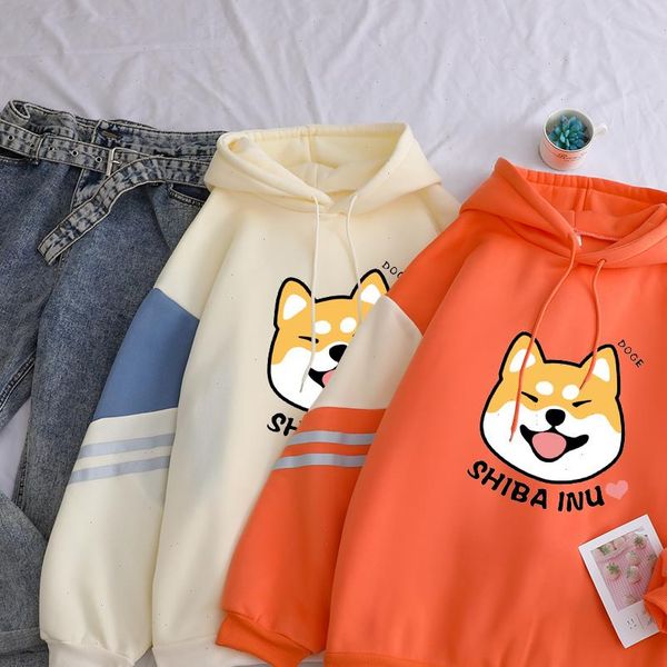 

kawaii shiba lovely dog women sweatshirt printed hip hop casual loose winter cotton warm streetwear fleece female hoo, Black