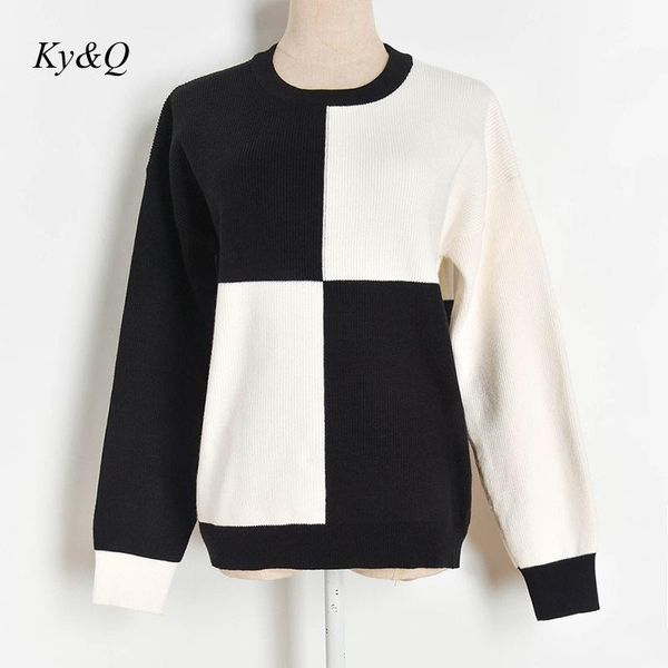 

autumn winter fashion chic women black white plaid round neck long sleeve knitted sweater pullover loose oversize coat women's sweaters, White;black