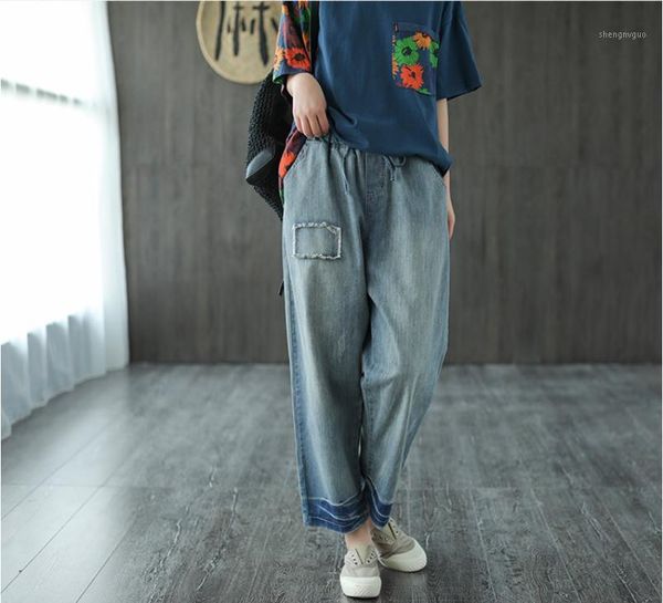 

women's jeans summer women retro elastic waist loose denim pants 2021 ladies pocket patchwork casual all-match trousers, Blue