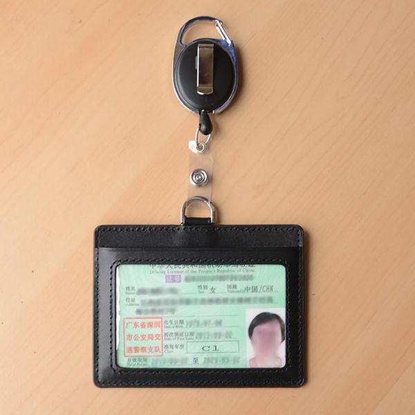 Porta badge identificativo extra large con custodia da lavoro con clip retrattile su 2 lati in pelle di mucca con cordino accetta supporti personalizzati