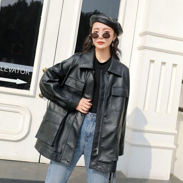 

women's leather & faux spring autumn four big pocket 2021 chic loose design motobike bf vintage retro women lady pu jacket, Black