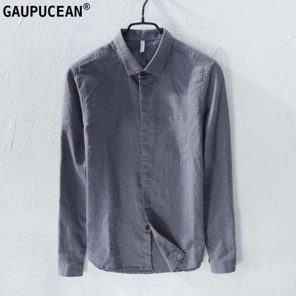 

men casual shirt 55% linen 45% cotton solid breathable anti-static grey white flax cool quality linum long sleeve man shirts men's, White;black