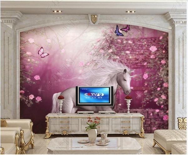 Papéis de parede personalizados Murais 3d murais Papel Pastoral Europeu dos desenhos animados branco cavalo tv fundo papel de parede decorativo