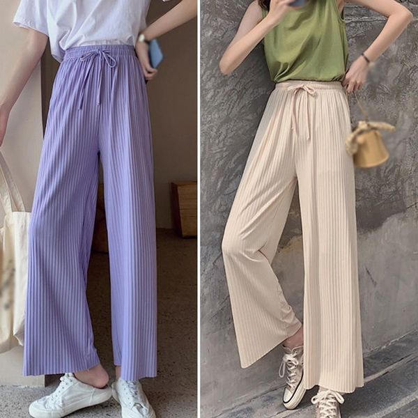 

women's pants & capris 2021 fashion summer korean stylewide leg casual high waist pleated solid color trousers for women, Black;white