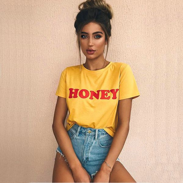 

lady honey letter print t short sleeve o neck loose yellow tshirt summer women tee shirt, White