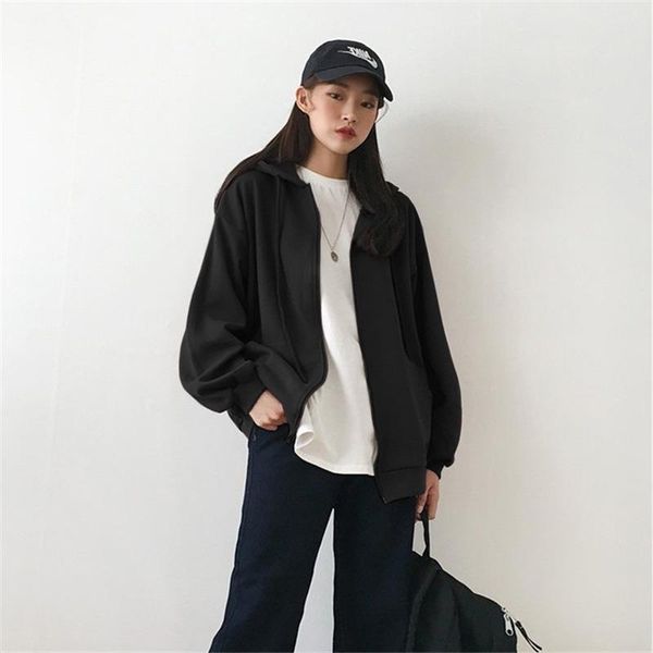

women's hoodies & sweatshirts women spring and autumn korean-style womens clothing zip hooded casual plus size coat solid color sweatsh, Black