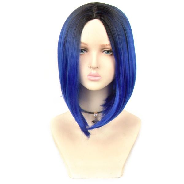

synthetic wigs middle part high temperature fiber wig short ombre black mix blue color bob for women
