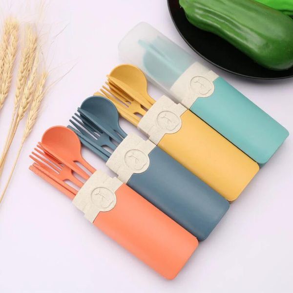 

dinnerware sets portable reusable spoon fork travel picnic chopsticks wheat straw tableware cutlery set with carrying box for student office