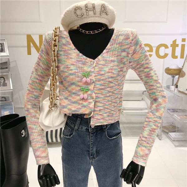 

coat cherry niche design cardigan mesh decoration women's jacket 2021 multicast spring with v low sweater top, Tan;black