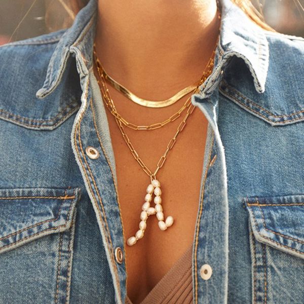 

natural freshwater pearl initials pendant baroque pearl letter curb thick chain link necklace for women wedding party jewelry gift, Silver