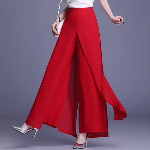 

womens summer chiffon long trousers woman streetwear loose solid color skirt pants women high elastic waist wide leg red 211007, Black;white