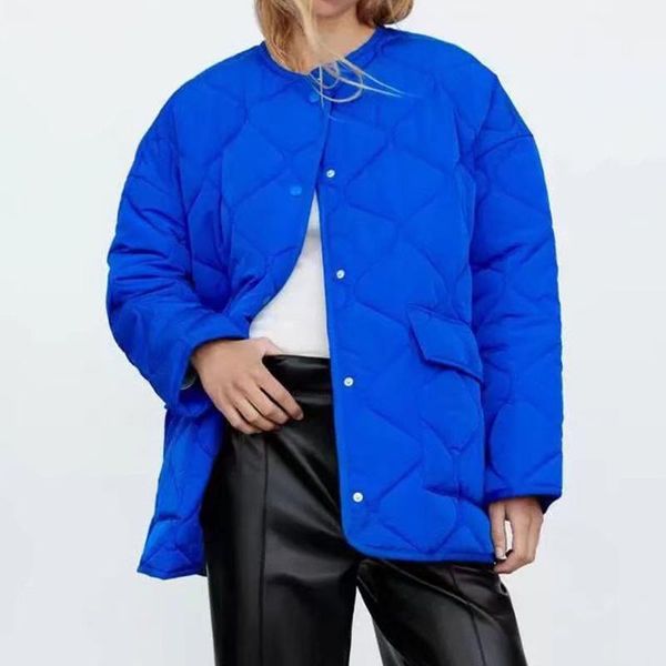 

women's jackets fashion diamond round neck large pocket jacket casual loose cotton blue parka coat outwear winter clothes women, Black;brown