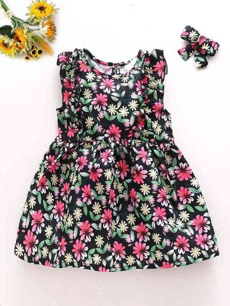 

baby allover floral print ruffle trim sleeveless dress she, Red;yellow
