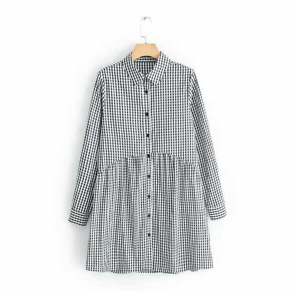 

new women vintage plaid printing shirtdress casual slim dress female pleats patchwork vestidos chic business dresses ds1962 210409, Black;gray