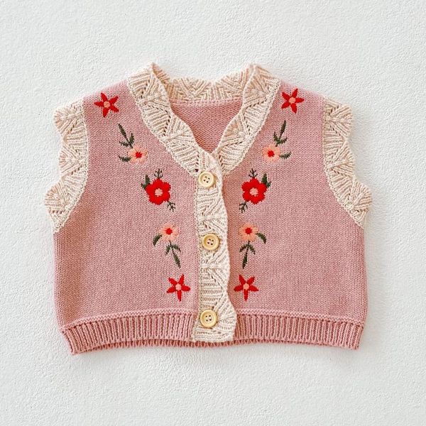 

waistcoat wlg girls knitted vest kids clothes spring fall pink beige floral pattern baby cute all match, Camo
