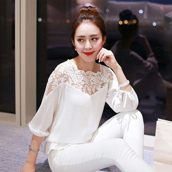 

women blouses long sleeve casual chiffon lace black white shirts fashion summer print loose blouse