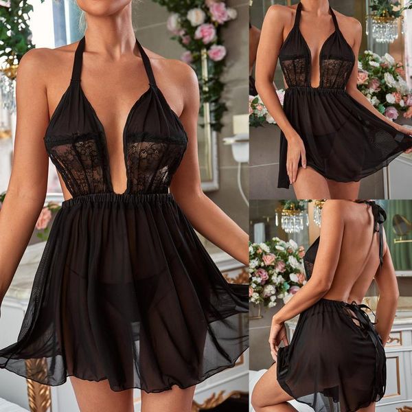 

bras sets lingerie erotic sleepwear lace halter g-string underwear nightwear thong lenceria transparent dress pajamas, Red;black