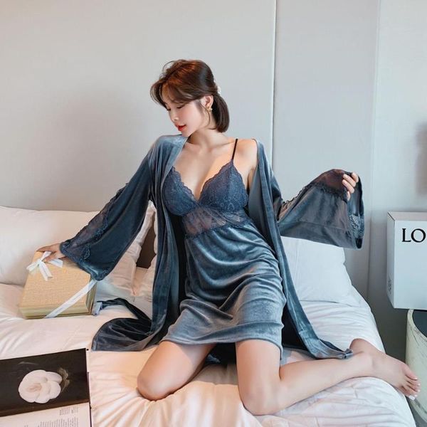 

women's sleepwear velvet robe set with belt satin pijamas nightgown winter bathrobe night dress femme -xl, Black;red