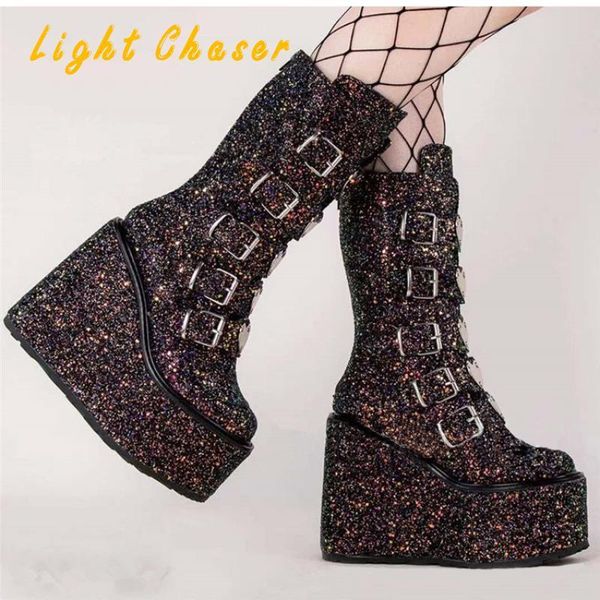 

boots large size wedge heel belt buckle leather women's autumn/winter 2021 fashion sequined metal platform ladies, Black